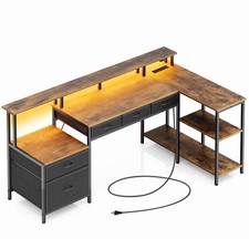 L Shaped Computer Desk with USB Ports Power Outlets LED Strip Drawers & File
