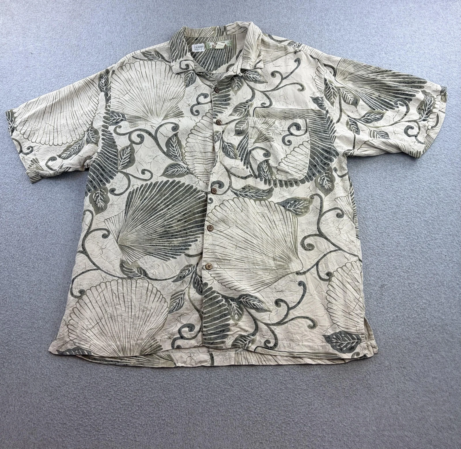 Tommy Bahama Shirt Mens Large Beige Green Silk Seashell Hawaiian Button Front