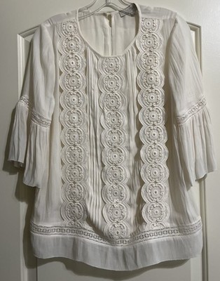 LOFT White Embroidered Peasant Blouse Boho Semi Sheer Top 3/4 Flutter Sleeves S