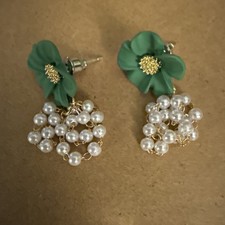 Elegant Green Floral With Faux Pearls Dangle Earrings