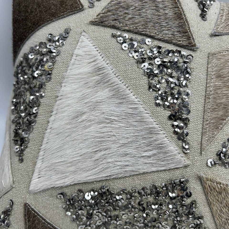 Leather Natural Cow Hide Fur Accent Pillow Lumbar Down Fill Sequin Western - Image 3 of 4