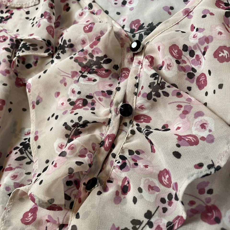 VTG 90s GUESS Blouse Top Women’s Size Medium Pink Black Floral Chiffon Ruffle - Image 4 of 4