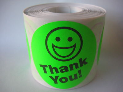 500 BIG RED FLUORESCENT THANK YOU SMILEY LABEL STICKERS