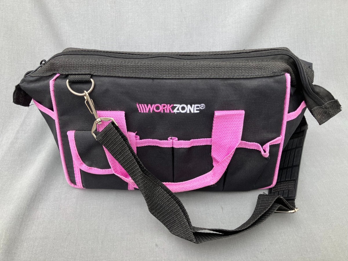 Work Zone Pink Tool Bag w Shoulder Strap Nylon Canvas 12 Pockets