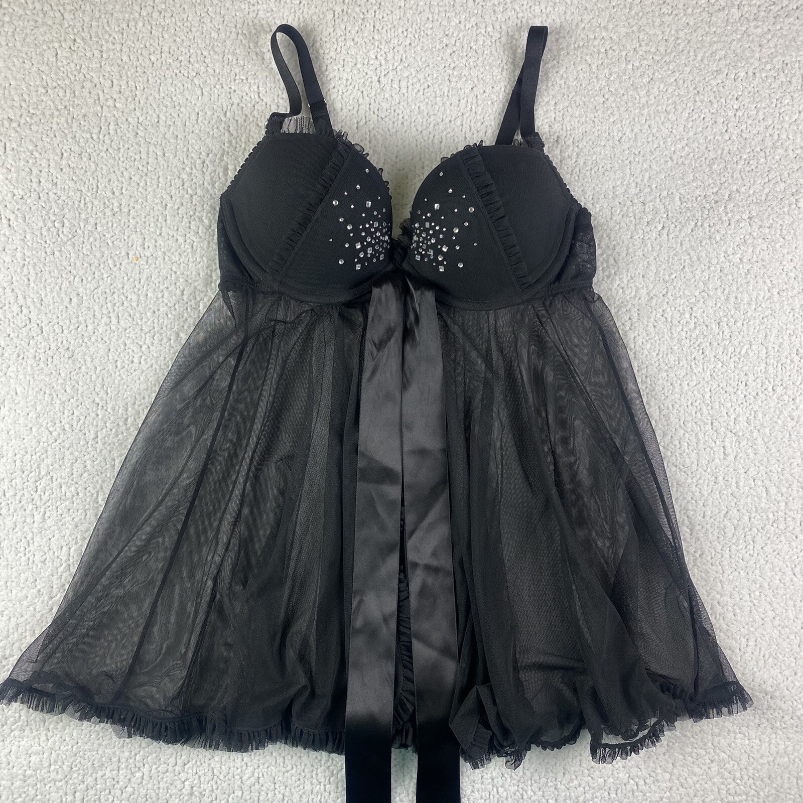 VICTORIA'S  SECRET Sexy Little Things 34D Sheer Black Open Babydoll Rhinestones