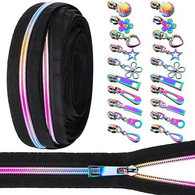 Rainbow Teeth Nylon Zipper with 20 Metal Zipper Pulls for DIY Sewing Tailor