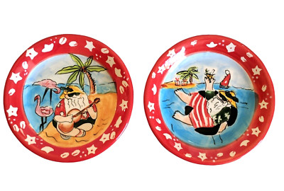 2 Mary Jane Mitchell Hausenware Plate Beach Santa Cheese Appetizer Christmas