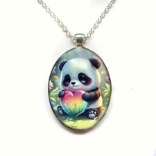 Cute Animal Panda Love Art Design Oval Pendant Necklace