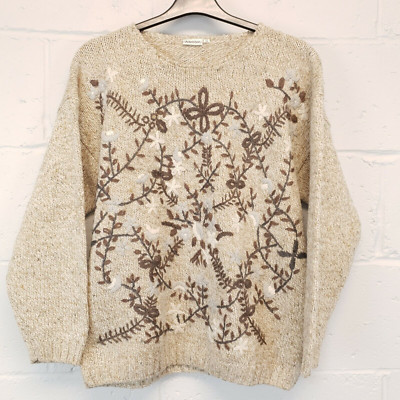 Vintage Pullover Damen groß Blumen bestickt Pulli Wolle Acryl Strick grau