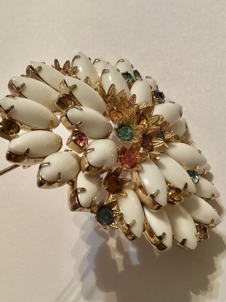 Vintage Rhinestone Layered Metal Flowers Milk Glass Petals Brooch