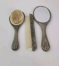 International Silver Plated Mirror, Brush and Comb Rose Repousse  Ribbed Handle