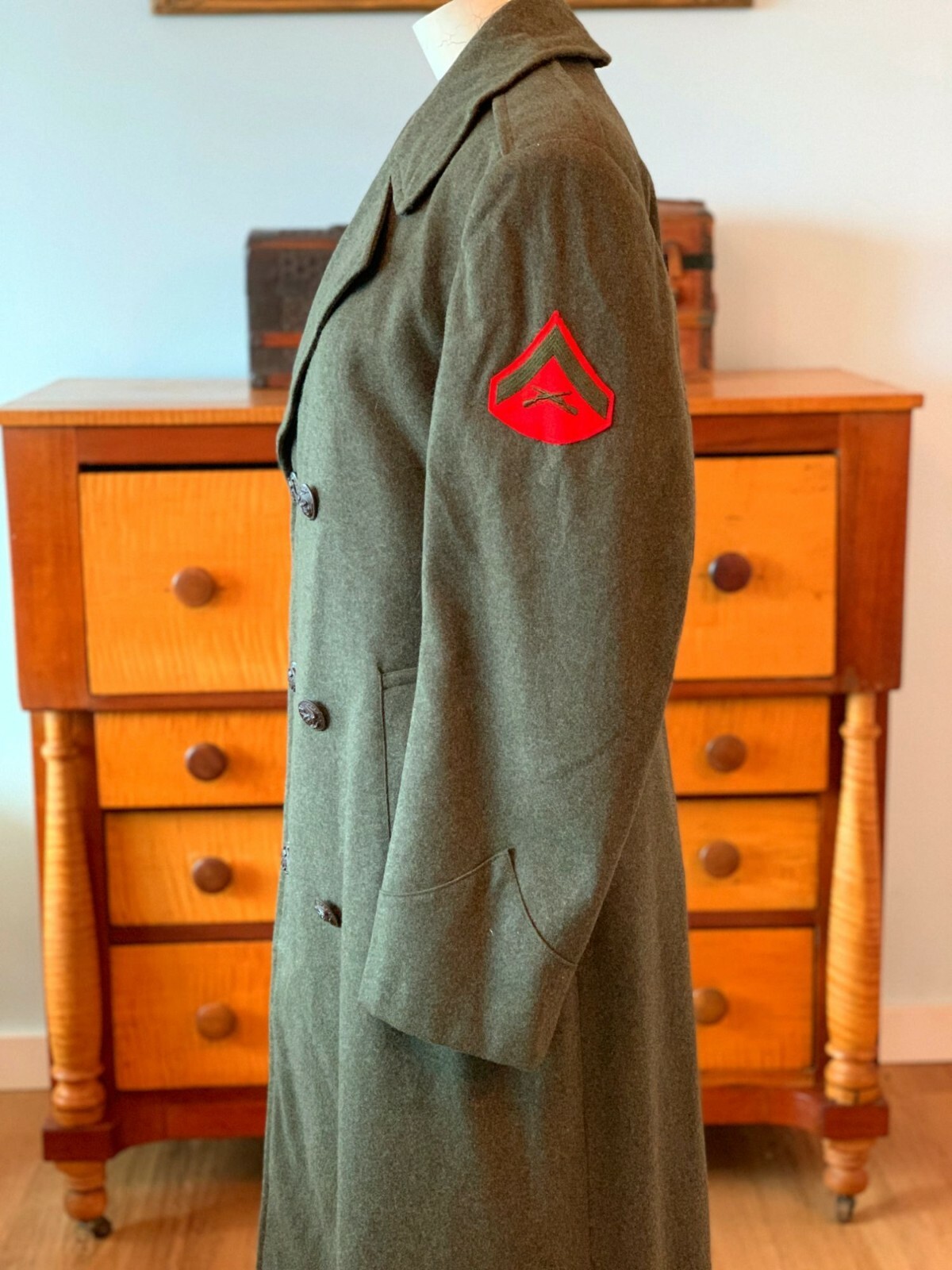 Vintage Long Pea Green Wool Military Style Coat With … Gem