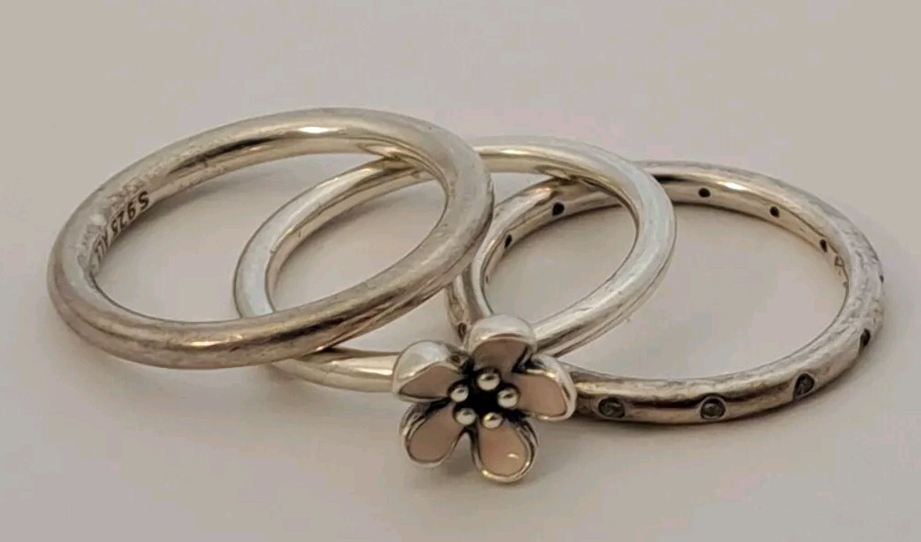 PANDORA Vintage Sterling Silver Enamel DAISY FLOWER Stackable Rings sz 50  52