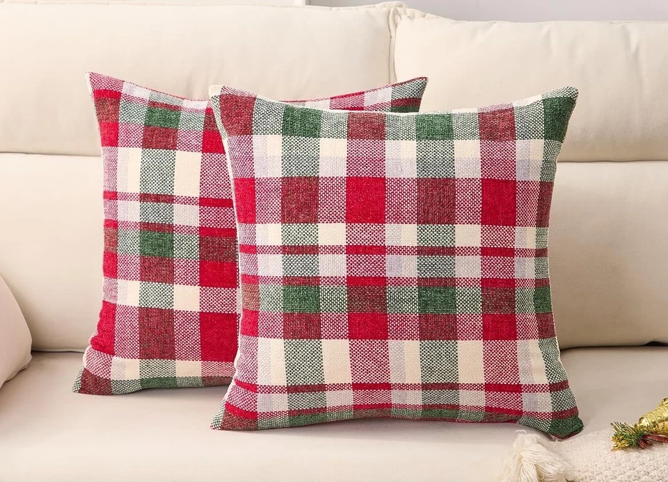 Pacote com 2 capas de travesseiro decorativas xadrez de Natal almofada tartan escocesa - Imagem 3 de 4