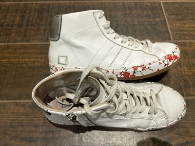 DATE Leather Sneaker Floral Design White Sz 8 Side Ankle Zip $200+ Italian Made