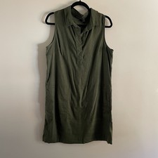 Tahari Women 10 Green Linen Blend Pockets Sleeveless Popover Shirt Dress