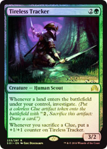 1x Tireless Tracker - Foil - Prerelease Promo Heavy Play, English Prerelease Pro