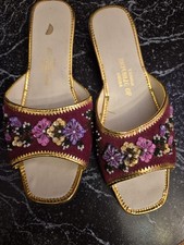 Vintage Sequin and Beaded Blue Velvet Slides Shoes Size 5 Made In Taiwan