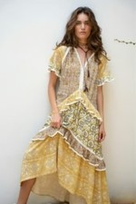 Anthropologie Barok Paris Boho Western Cottage Tiered Peasant Dress Yellow Sz M