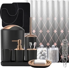 Black Bathroom Set with Shower Curtain and Rugs 25Pcs, Bathroom Accessory Set - 