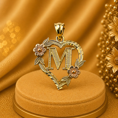 14K Yellow Gold Heart Initial M Pendant   Personalized Letter Gold Necklace Char
