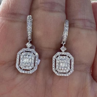 Women's Dangle Earrings 3Ct Baguette Lab-Created Diamond 14K White Gold Plated