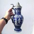 Antique German Beer Stein 15" Bierkrug Jug Cobalt Blue Relief Lid Large