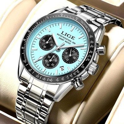 41MM LIGE Quartz Analog Watch Men's Luxury 30M Waterproof Stainless Steel NEW