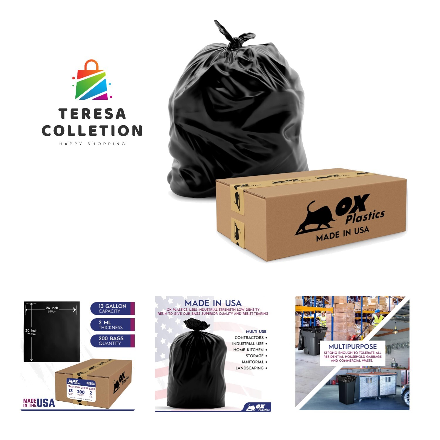 Trash Can Liners Bags - 13 Gallon Capacity & 2mil Thick Extra Heavy Duty Stre...-image