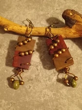 UNIQUE PADAUK WOOD/GREEN POPLAR/UNAKITE STONE BEAD/BRASS BEADS AND WIRE EARRINGS