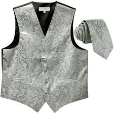 New formal Men's paisley slim fit Tuxedo Waistcoat Necktie silver wedding party