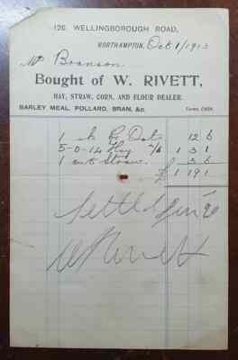 1913 W Niete, Heu, Stroh, Mais & Mehl, Wellingborough Rd, Northampton Rechnung
