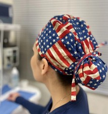 Patriotic Womens Scrub Cap, America Flag Nurse Bonnet, July 4 Stars Stripes Hat