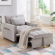 3 in 1 Convertible Single Sleeper Chair Bed Modern Velvet Pull Out  Sofa Bed