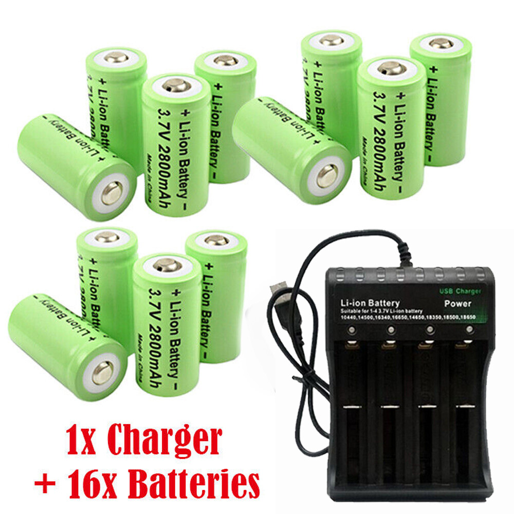 16340 Battery 2800mAh CR123A Rechargeable 3.7V Cell Batteries Charger