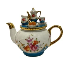 Lillian Vernon Miniature Teapot With Table Top Lid Ceramic 5” Gold Gilding Decor