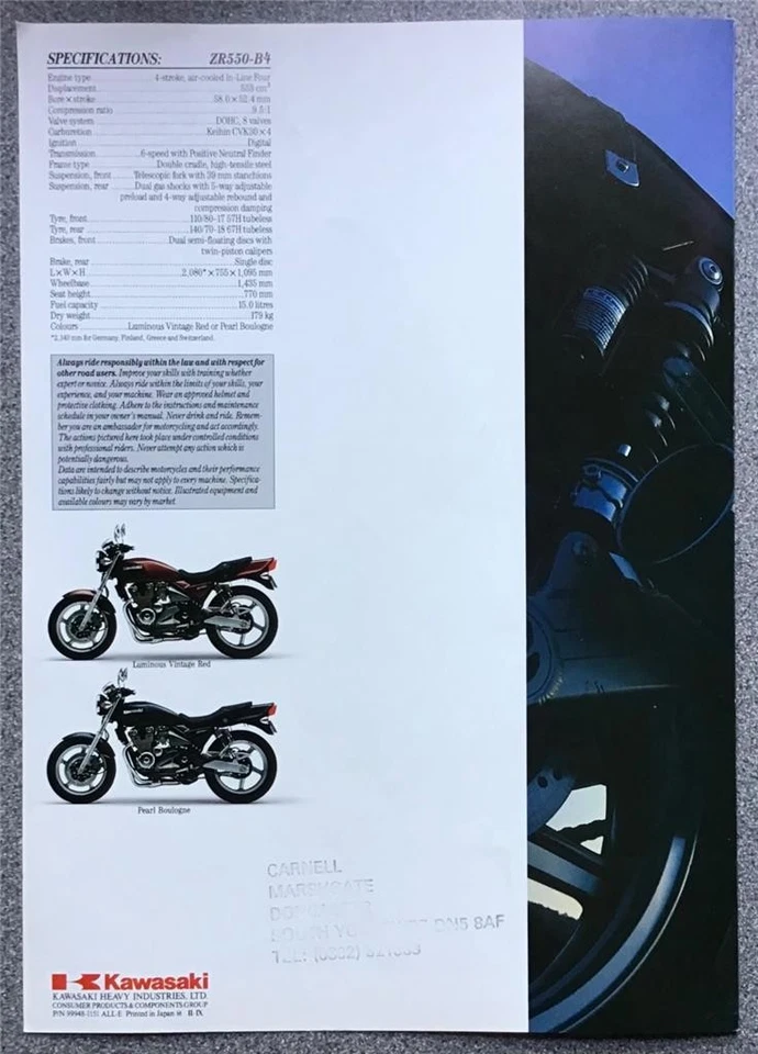 KAWASAKI Zephyr 550cc Motorcycle Sales Brochure 1993 Ref 99948-1151 II-IX - Image 3 of 3