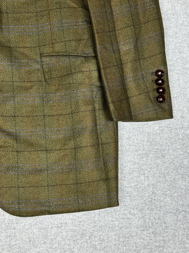 Vtg Oxxford Clothes Blazer 43L Olive Wool Tweed Windowpane Surgeon Made USA Y2K - Image 4 of 4