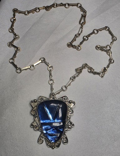 Vintage signierter JV Heche en Mexico Sterlingsilber blaues Glas Anhänger 22" Kette - Bild 2 von 6