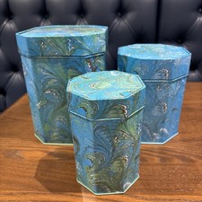 Set of 3 Metal Storage Tins With Lids Blue Marble Peacock Pattern Containers