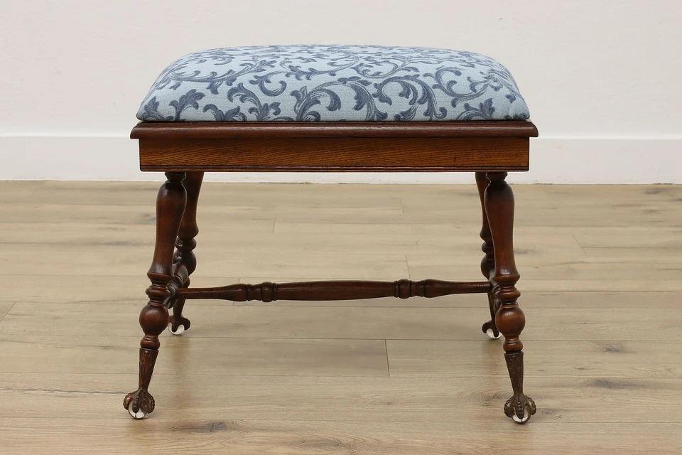 Banco o taburete victoriano antiguo con pie de bola de vidrio tela nueva #55122 Foto 2 de 4