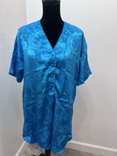 Victoria's Secret Vintage Gold Label Blue Satin Floral Jacquard Sleep Shirt Sz L