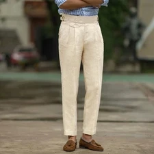 Mens Cotton Linen Dress Pants Elastic Adjustable Waist Pleated Suit Trousers
