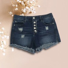 Refuge Womens Shorts Size 4 Medium Wash Distressed Button Fly Raw Hem Slits