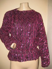 Vintage 70s 80s Glam Fuchsia Pink Sequin Peplum Waist Disco Evening Club Top S/M