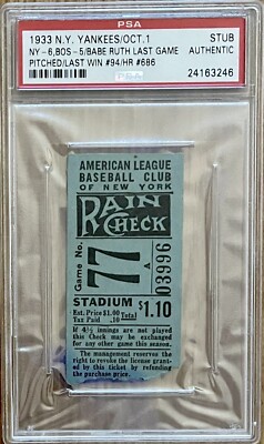 1933 BABE RUTH LAST GAME AS PITCHER WIN #94/HR #686 TICKET STUB