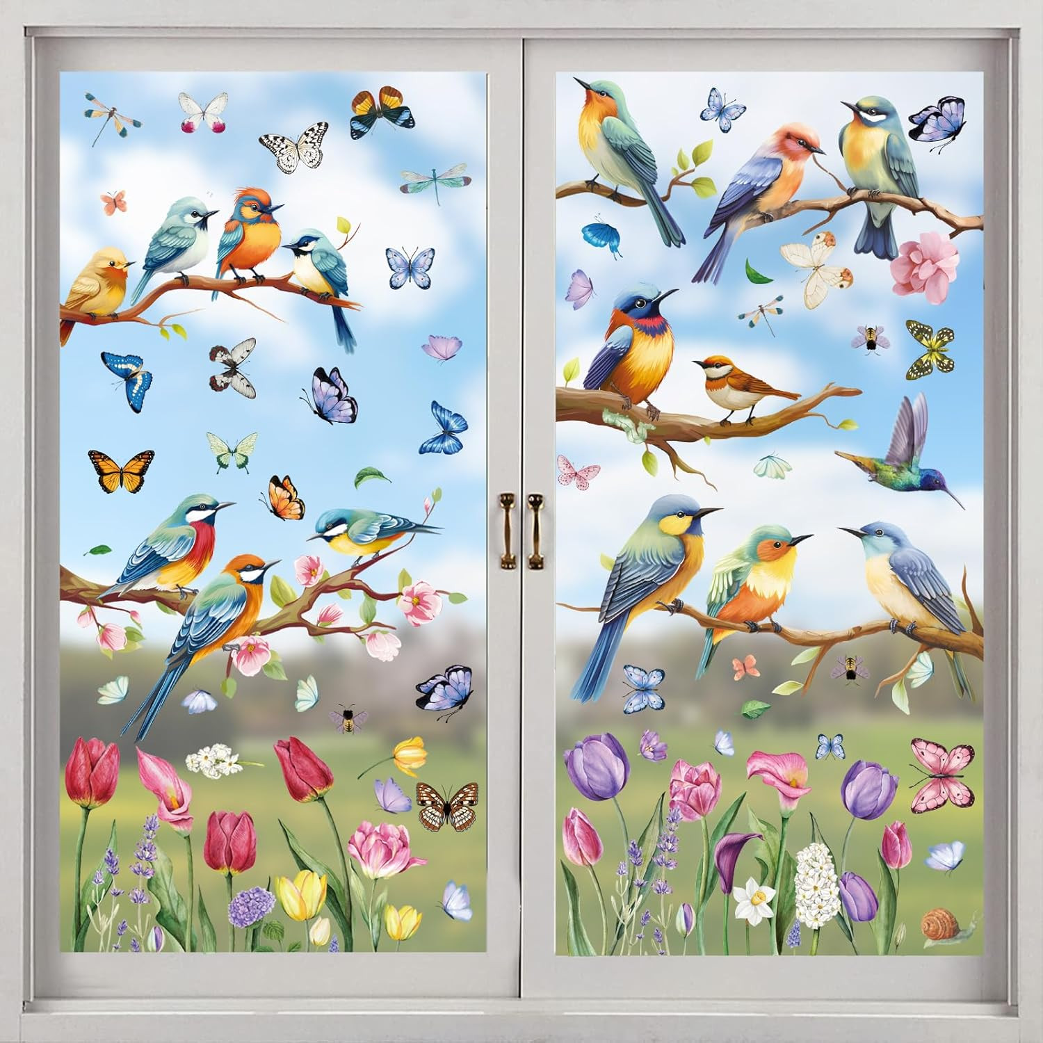 Fensterbilder Frühling, 9 Blatt Fenstersticker Selbstklebend Vögel Blumen Schmet