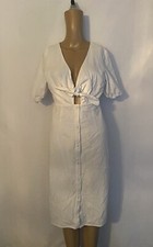 Nasty Gal Collection White Front Knot Midi Button Up Dress With Puff Sleeve Sz 4