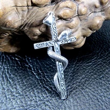 Solid 925 Sterling Silver Slithering Snake on Christian Cross Gothic Pendant