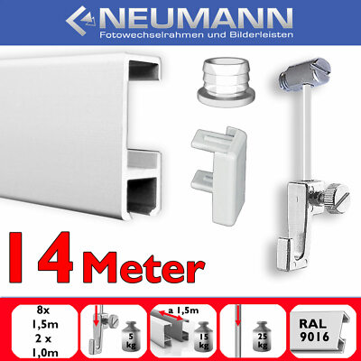 Gallery rail with glider 14 m, picture rail set with accessories, white